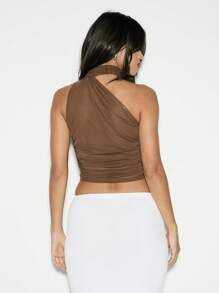 KIZN Halter Neck Mesh Crop Top Festival Club Party Evening Modern Contemporary Design Form-Fitting Dance Performance Fashion Summer Autumn - Khaki - View 2