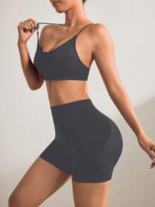 SHEIN Sports 3pcs Women's Seamless Sports Set: Long Sleeve Cropped Camisole, Short Top And Shorts - Dark Grey - View 3