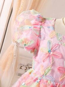 Tween Girl Colorful 3D Floral Mesh Puff Sleeve Sweet Dress - Multicolor - View 3