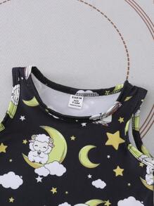 Set de 2 piezas de top sin mangas con estampado de oveja y pantalones cortos para niño pequeño, conjunto casual, lindo y cómodo para uso diario