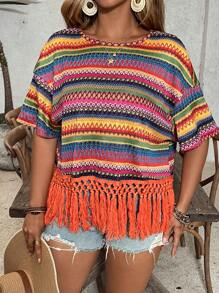 SHEIN VCAY Plus Size Women Colorful Stripe Round Neck Tassel Hem Loose T-Shirt - Multicolor - View 3