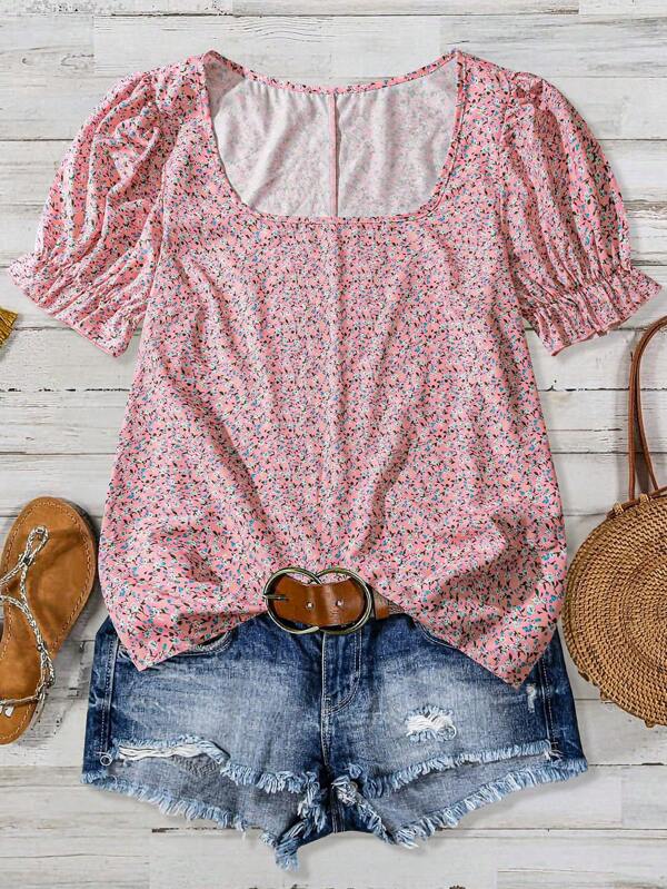 Linhara Plus Size Women's Ditsy Floral Square Collar Puff Sleeve Ruffle Hem Casual Blouse