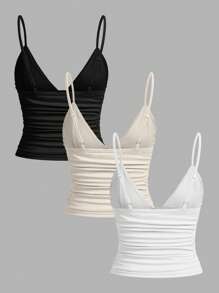 SHEIN EZwear 3pcs Women Summer Casual Ruched Tight Cami Tank Top With Shelf Spaghetti Strap Bra - Multicolor - View 2