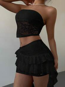 Aloruh 女士性感优雅蕾丝黑色抹胸和荷叶边下摆迷你裙两件套 - 黑色 - 查看 7