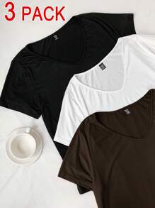 SHEIN EZwear 3 pièces/set T-shirt à col en V polyvalent, blanc + noir + marron, tissu doux, t-shirt à manches courtes grande taille polyvalent, printemps et été - Tabac - Voir 4