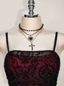 SHEIN ICON Plus Size Colorblock Flocked Punk Hollow Ruffle Camisole, Suitable For Music Festivals, Sexy, Y2K Style - Burgundy - View 7