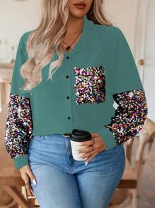 Calvaya Plus Size Sequin Long Sleeve Shirt, Fashion For Summer Fall Cloth For Women - Mint Green - View 4