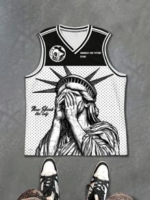 PAVTROS Manfinity Streetrush 男士休闲V领无袖上衣，印有标语和自由女神像雕塑图案，篮球服 - 彩色 - 查看 1
