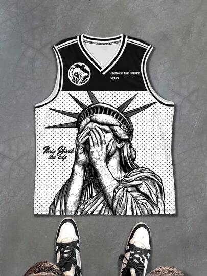 PAVTROS Manfinity Streetrush 男士休闲V领无袖上衣，印有标语和自由女神像雕塑图案，篮球服