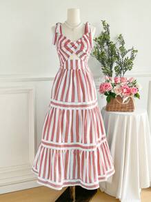 SHEIN VCAY 女式条纹交叉荷叶边下摆细肩带连衣裙