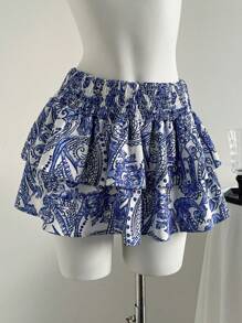 Elamini Bohemian Print Shirred Waist Flounced Mini Skirt - Blue - View 6