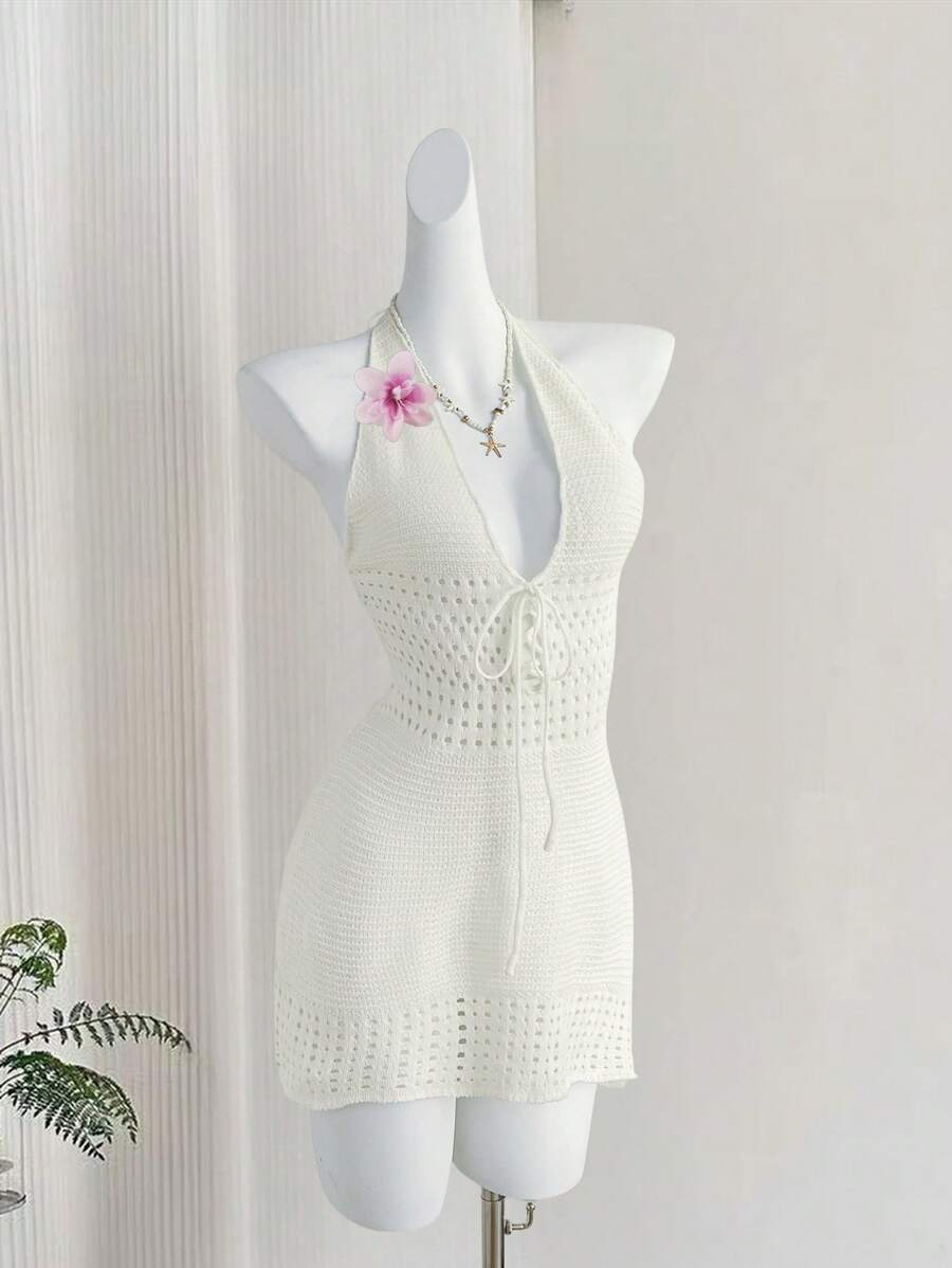 SHEIN Unity 夏季新款 V 领性感镂空露背沙滩度假休闲高腰修身针织连衣裙