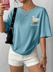 Women's Casual Raglan Letter & Cartoon Duck Print Loose Round Neck T-Shirt