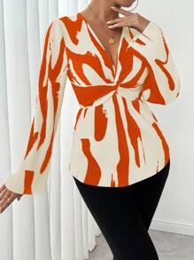 Chiquease 时尚通勤拼色扭褶印花衬衫（不对称印花） - 橘色 - 查看 3