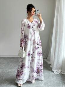 Yasmyna 女士 V 领喇叭袖纯色雪纺花卉度假优雅阿拉伯连衣裙