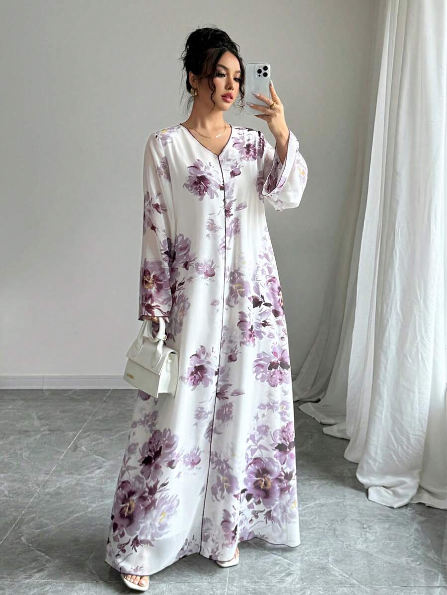 Yasmyna 女士 V 领喇叭袖纯色雪纺花卉度假优雅阿拉伯连衣裙