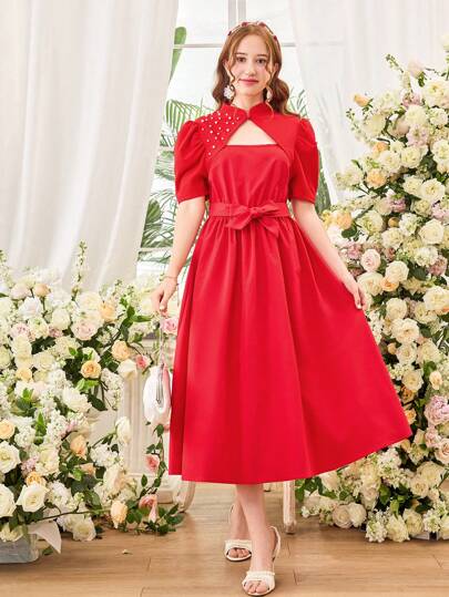 Elegant sommar tonårstjej Svart och vitt lapptäcke Pearl Bishop ärm Midjebälte Midjat kortärmad kort 2 i 1 miniklänning, graciös prinsessstil