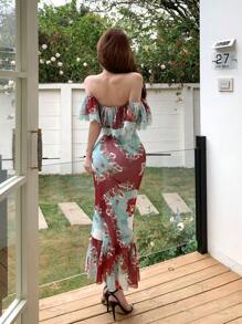 DAZY Vestido de sirena con bajo con volantes, hombros descubiertos, ajustado y calado de encaje, estampado artístico vintage con estampado de flores diminutas en gasa, con chal y volantes