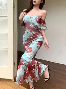 DAZY Vestido de sirena con bajo con volantes, hombros descubiertos, ajustado y calado de encaje, estampado artístico vintage con estampado de flores diminutas en gasa, con chal y volantes