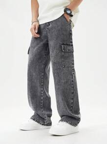 SHEIN Teen Boys' Solid Color Multiple Pockets Outdoor Casual Cargo Jeans Summer Holiday - Grey - View 6