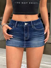SHEIN PETITE Women's Blue Denim Shorts Skinny Stretch Culottes Music Festival Outfits