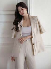 DAZY Solid Color Short Sleeve Women's Lapel Single Breasted Casual Blazer Jacket Business Attire - Apricot - View 8