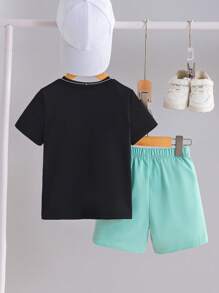 SHEIN Young Boy Letter & Tropical Plant Print Short Sleeve T-Shirt And Shorts Set, School, Campus, College