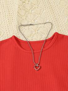 SHEIN 2pcs/Set Girl Solid Round Neck Short Sleeve T-Shirt And Pants Casual Outfit, School, Campus, College Summer Holiday - Red - View 3