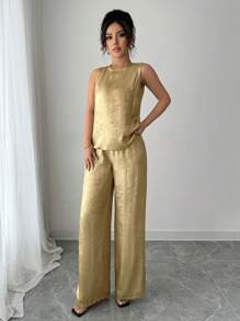 Elenzga 2pcs/Set Women Gold-Color Sleeveless Top And Wide Leg Pants - Gold - View 7