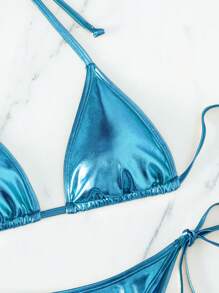 Swim Vcay Metallic Bikini Swimsuit For Summer Beach Vacation - Blue - View 4