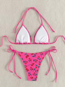 Swim Mod Cherry Print Halter Twist Bikini Set, Random Printed