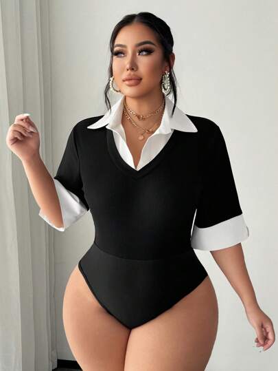 SHEIN SXY Conjunto de mono de talla grande para mujer de primavera/verano, sexy, elegante y minimalista con contraste de blanco y negro, cuello de camisa, apto para uso diario, oficina, sencillo, desplazamientos, elegante, casual, compras, ropa de calle, salir, coqueto, fácil de combinar y estilizador, resalta tu figura