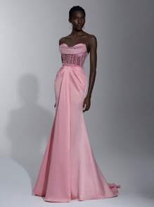 Elitara 优雅奢华白色仿珍珠性感修身美人鱼长裙，适合婚礼、正式活动和派对、女士、新娘 - 淺粉色 - 查看 4