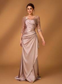 Serin Summer Elegant Romantic Gorgeous Champagne Color Sequins Embroidery Stitching Satin V-Neck Three-Quarter Sleeves Pleated Micro Fishtail Hem Stitching Asymmetrical Lotus Leaf Patch Suitable For Dinner Bachelorette Party Date Holiday Dance Music Festival Wedding Event Bride Mother Dress