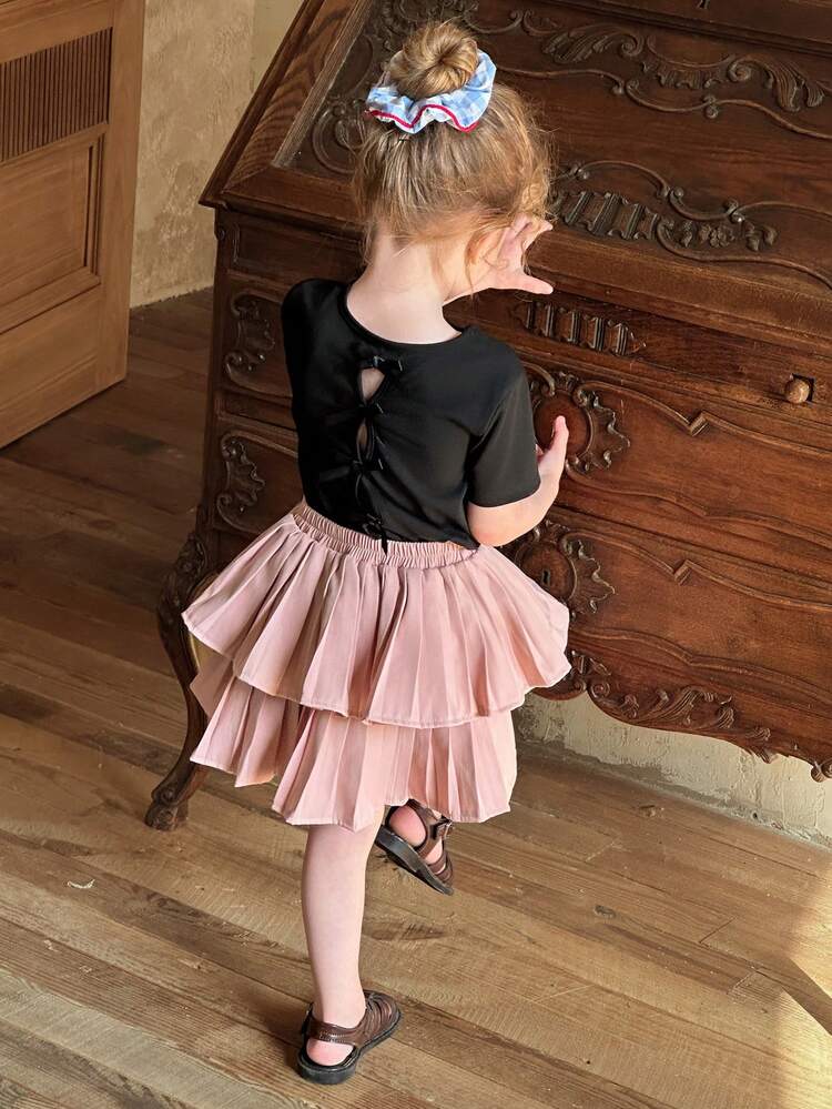 2pcs Kid Girls Summer Outfit - Backless Short Sleeve T-Shirt And Ruffle Skirt Set