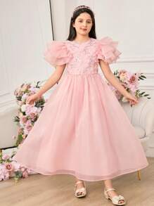 Pitira Pitira Tween Girl Elegant Summer Pink Organza Floral Mesh Dress - Pink - View 8