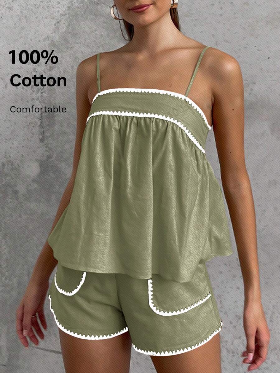 SHEIN Essnce 女士棉麻背心和短裤套装，配以撞色蕾丝花边，非常适合度假 - 軍綠色 - 查看 1