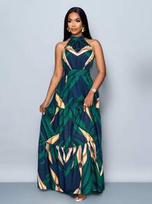 SOLERSUN 女士时尚全身印花露背飘逸长裙，配腰带，适合度假（随机花卉图案） - 墨綠色 - 查看 5