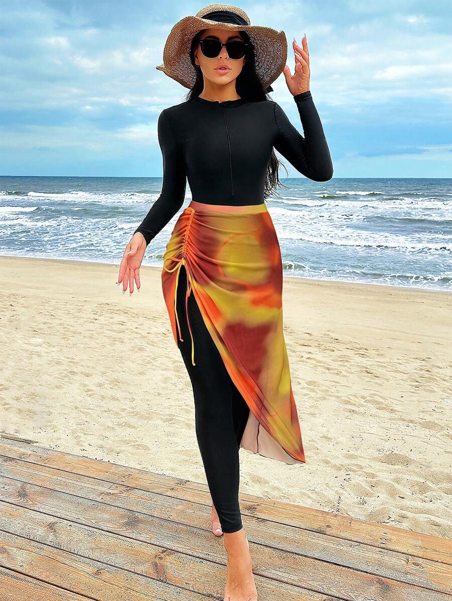 Swim Mulvari 女式拉链半襟长袖布基尼防晒衣，带纱笼裙，适合夏季海滩度假穿着 - 彩色 - 查看 1