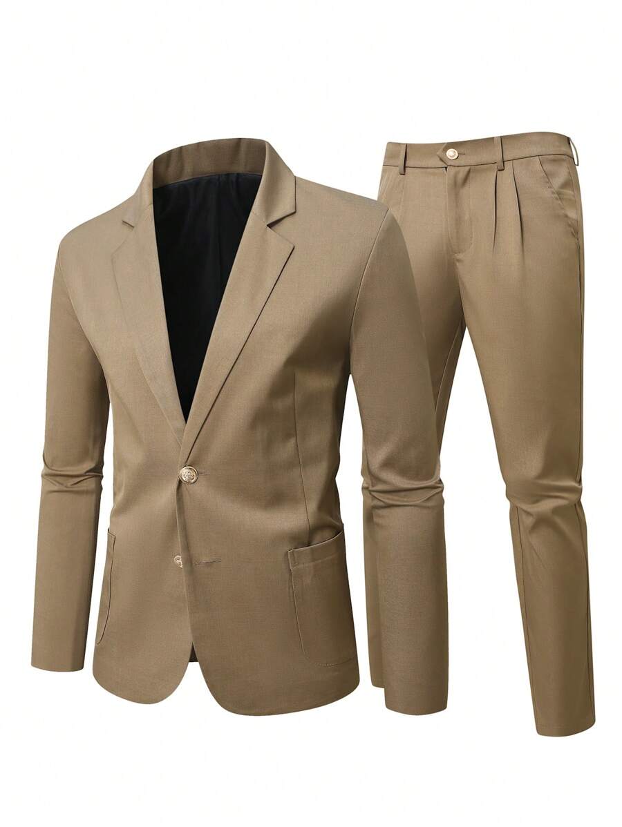 Manfinity Mode 2件套男士加大码纯色单扣长袖夹克和裤子西装套装 - 棕色 - 查看 1
