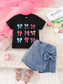 2pcs Baby Girl Casual Bow & Dot Print Denim Outfit Sets, Fashionable & Cute Style,Summer