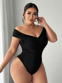 SHEIN SXY 大码女式性感露肩交叉褶皱连体衣，适合街头、休闲、性感、日常旅行、购物、约会，穿着凉爽舒适。易于搭配，修身，凸显身材，修饰曲线。