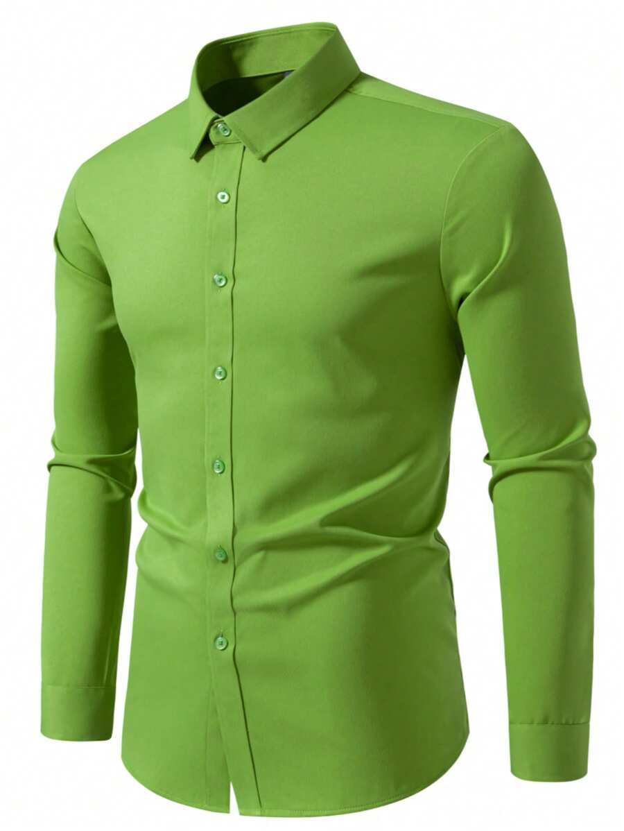 Calvornis Áo sơ mi nam dài tay màu trơn, thời trang cho mùa hè, áo sơ mi nam ôm sát, áo sơ mi nam màu xanh lá cây, áo sơ mi nam màu xanh lá cây, áo sơ mi nam ôm sát, áo sơ mi nam màu xanh lá cây tươi sáng, cho mùa thu - màu xanh lá - Xem 1