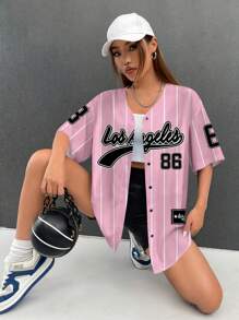 SHEIN EZwear 女士休闲简约比赛日球衣宽松前开短袖衬衫夹克，适合夏季 - 彩色 - 查看 3