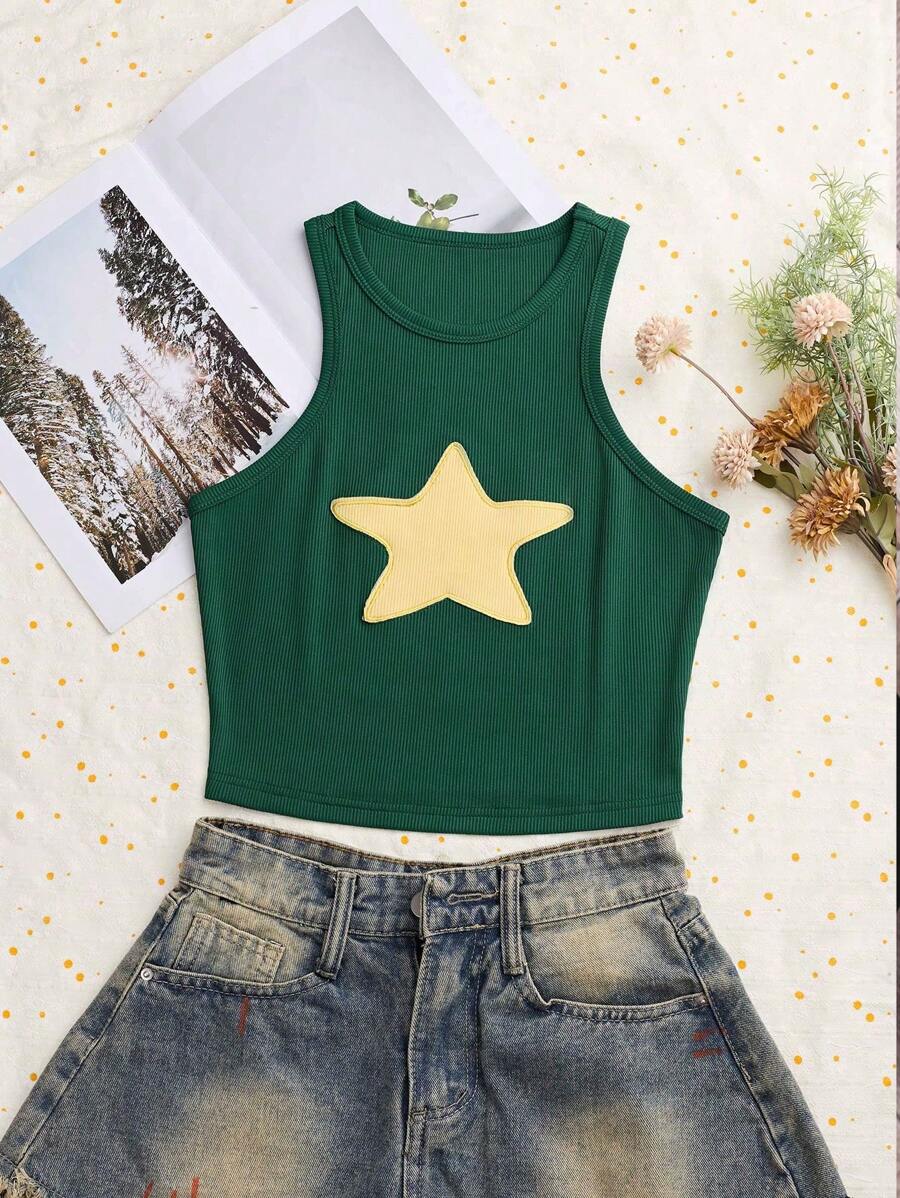 INAWLY Women's Applique Five-Pointed Star Contrast Color Pattern Crew Neck Ribbed Tank Top