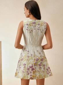 Anewsta 优雅花卉印花纹理腰部浪漫度假无袖连衣裙，适合约会、派对、情人节、夏季、新年 - 紫色 - 查看 2