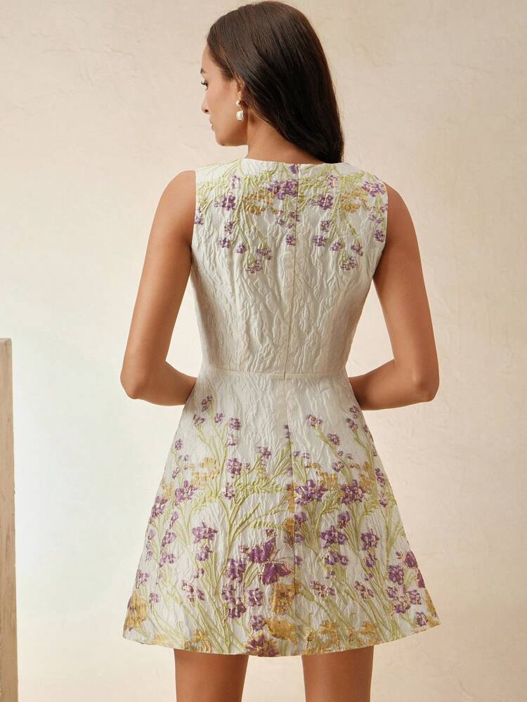 Elegant Floral Print Textured Waist Romantic Vacation Sleeveless Dress, Suitable For Date, Party, Valentine's Day, Summer, New Year