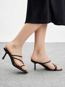 CUCCOO BIZCHIC Sandalias de tacón de aguja de 7cm con puntera cuadrada y multi-correas en color negro, adecuadas para uso en la playa en verano