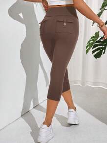 SHEIN Essnce Quần legging cạp rộng màu trơn có túi gấp dài 3/4 cho nữ - Màu nâu  Mocha - Xem 2