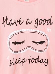 Genkimix Kids Tween Girl Stylish Pink Eyelash Print Long Sleeve Top And Pants 2 Pieces Pajama Set, Comfortable Home Outfit